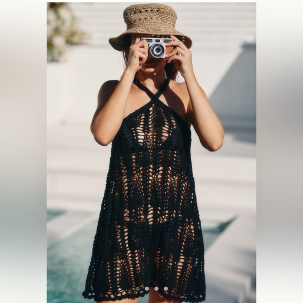 Anthropologie black crochet beach‎ coverup dress pool swim boho Small Petite
